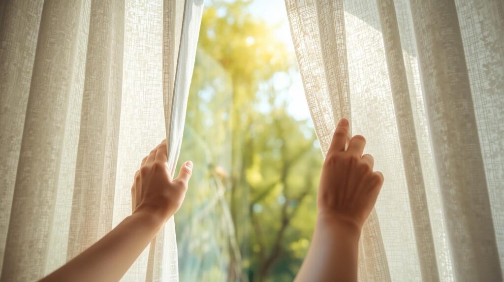 窓のカーテンを開けて光を取り込む様子。挫折を乗り越え、継続のコツを知って視界が開けるイメージ