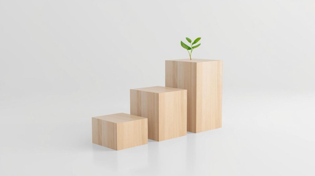 階段状に並んだ3つのブロックと新芽。習慣化を成功させる3つのステップと着実な成長