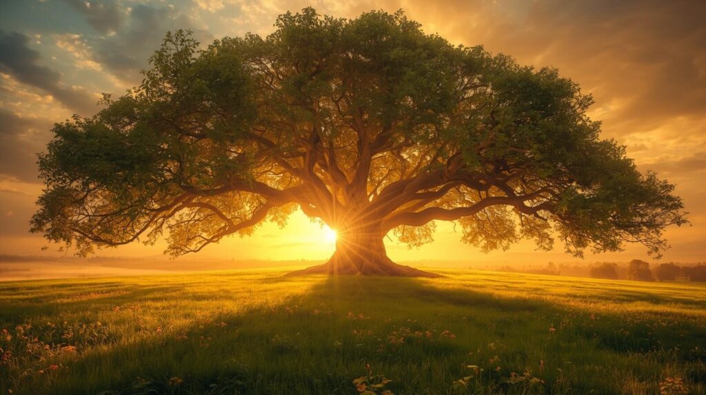 黄金色の光を浴びて立つ大樹。継続は力なりを体現し、積み重ねが大きな成果と豊かさをもたらすイメージ