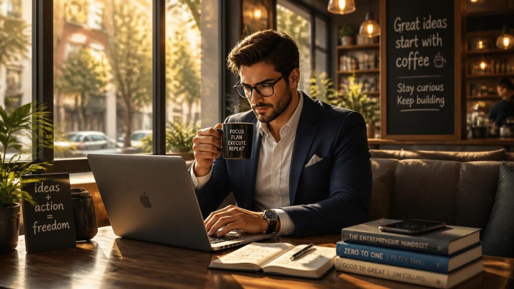 カフェのような心地よい空間で、ノートパソコンとコーヒーを手に笑顔でスマートに作業するビジネスパーソンのイラスト